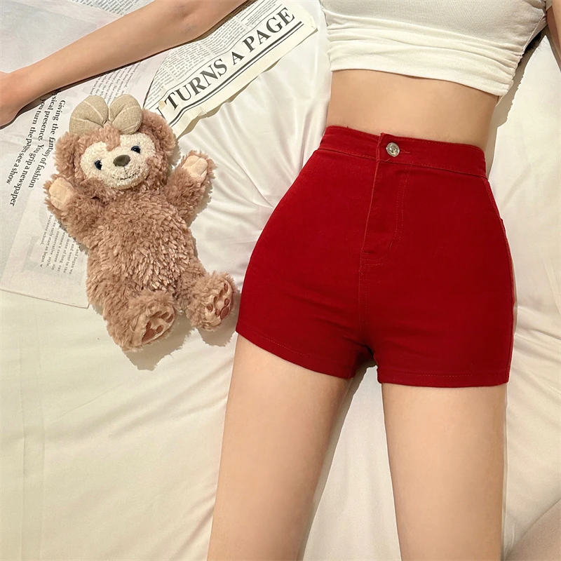 

Red Denim Shorts Women Summer Slim Solid High Waist Streetwear Sexy Ladies All-match stretch Jeans Trendy Clothes Femme Chic