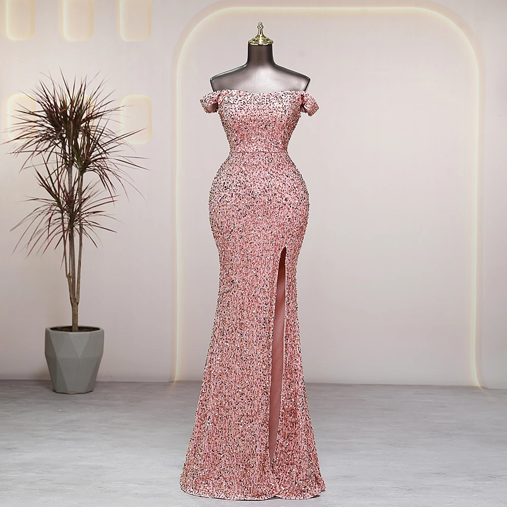 Pink Sequins Long Mermaid Evening Dress Off Shoulder Dress Women Prom Party Dresses formal occasion robes de soirée Bride dress