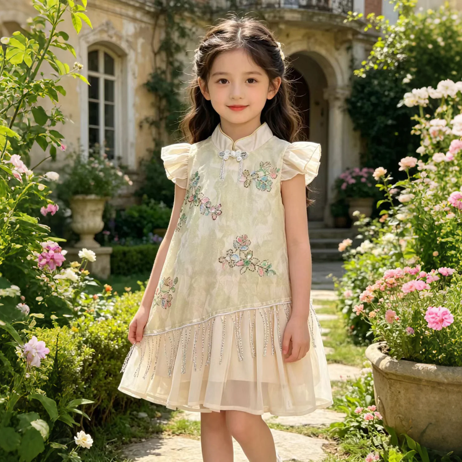 2026 Summer New Girl's Cotton Embroidered Nail Bead Mesh Princess Dress Birthday Dress