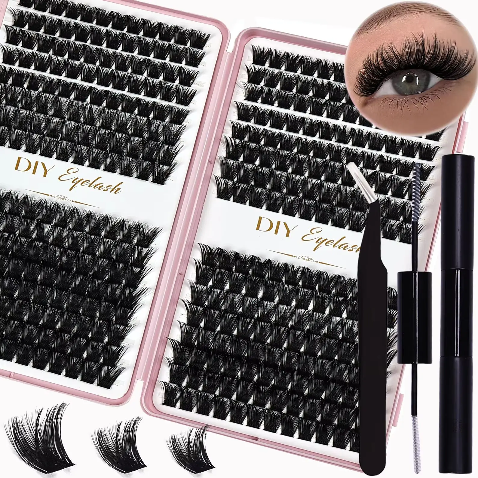 Kit de Extensão de Cílios D Curl com 384 Peças, Incluindo Cílios em Cacho, Adesivo e Selante Essenciais para Uso Doméstico, e Pinça para Cílios