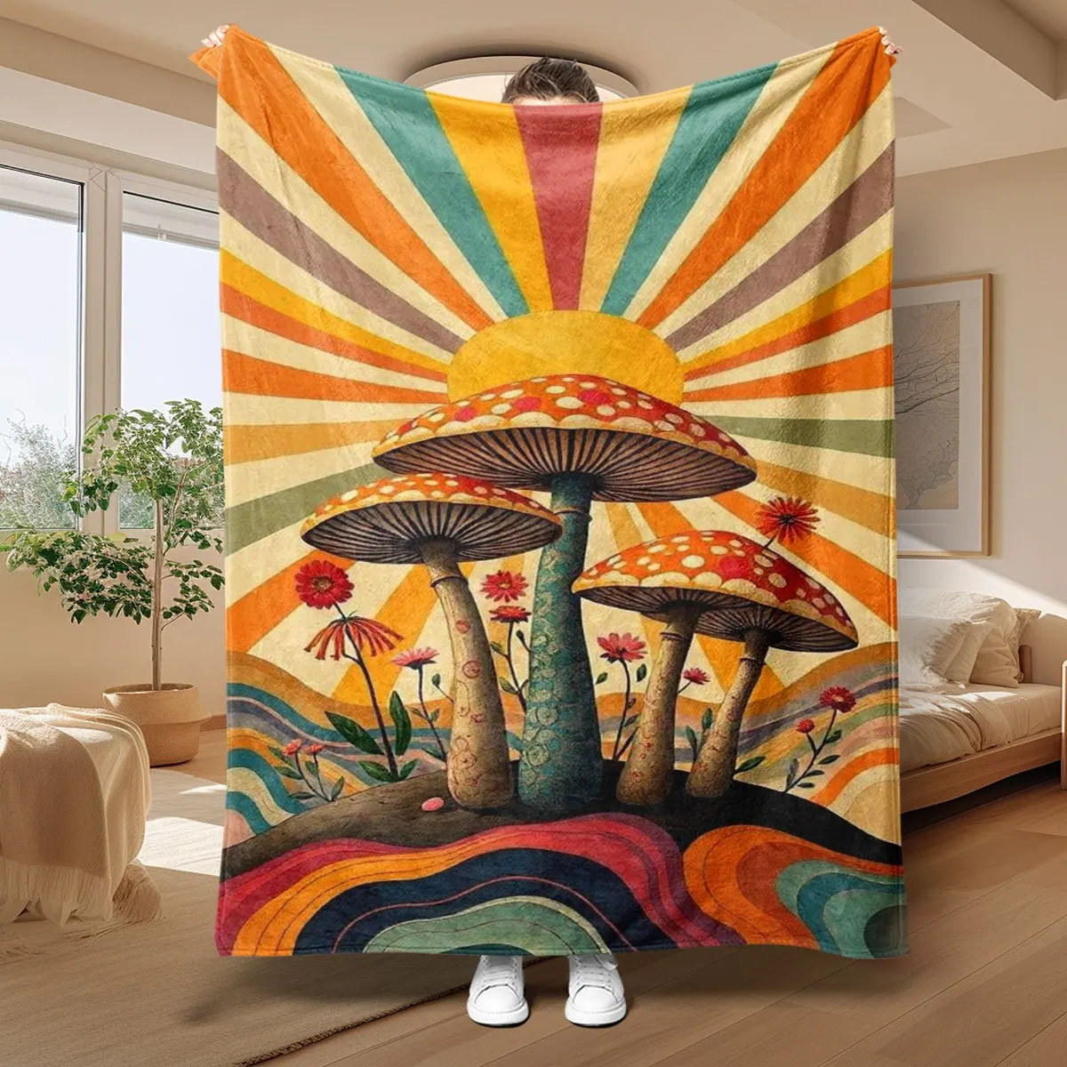 Boho Mushroom Nature Blanket Throw Retro Sunburst Psychedelic Art Design 150x200cm Cozy Bedspread Decor