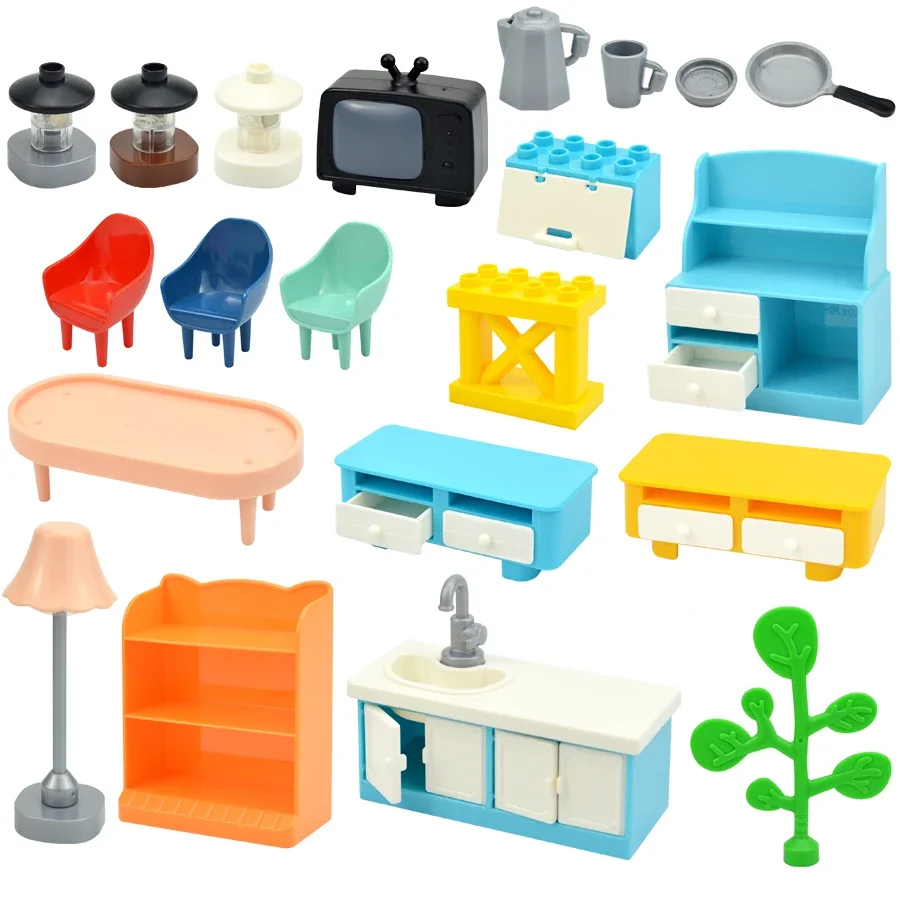 Big Size Building Block Furniture House TV Lamp Fence Chair Table Large Particle Assembled Figuers Toys Compatible With Duploes