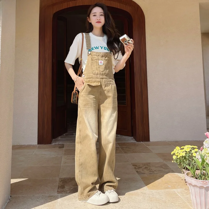 

Retro Khaki Denim Overalls Women's Age-Defying Floor-Length Wide Leg Pants Commute Style High Waist Casual Trousers