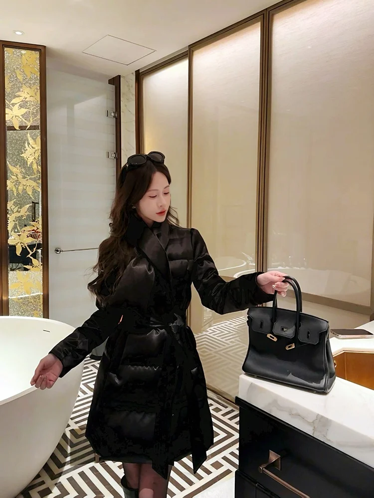 

Женская удлиненная куртка с утяжкой на талии, черно-белая, теплая, новая зимняя верхняя одежда 2025 года, утепленная, с высокой талией, L