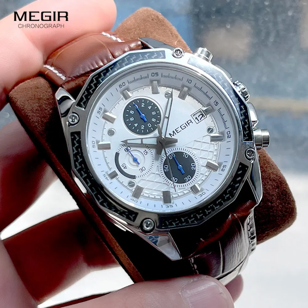 MEGIR 2015G Luxus Quarz Herrenuhr Multifunktionsgürtel Wasserdicht Leuchtkalender Chronograph Uhren für Männer reloj hombre