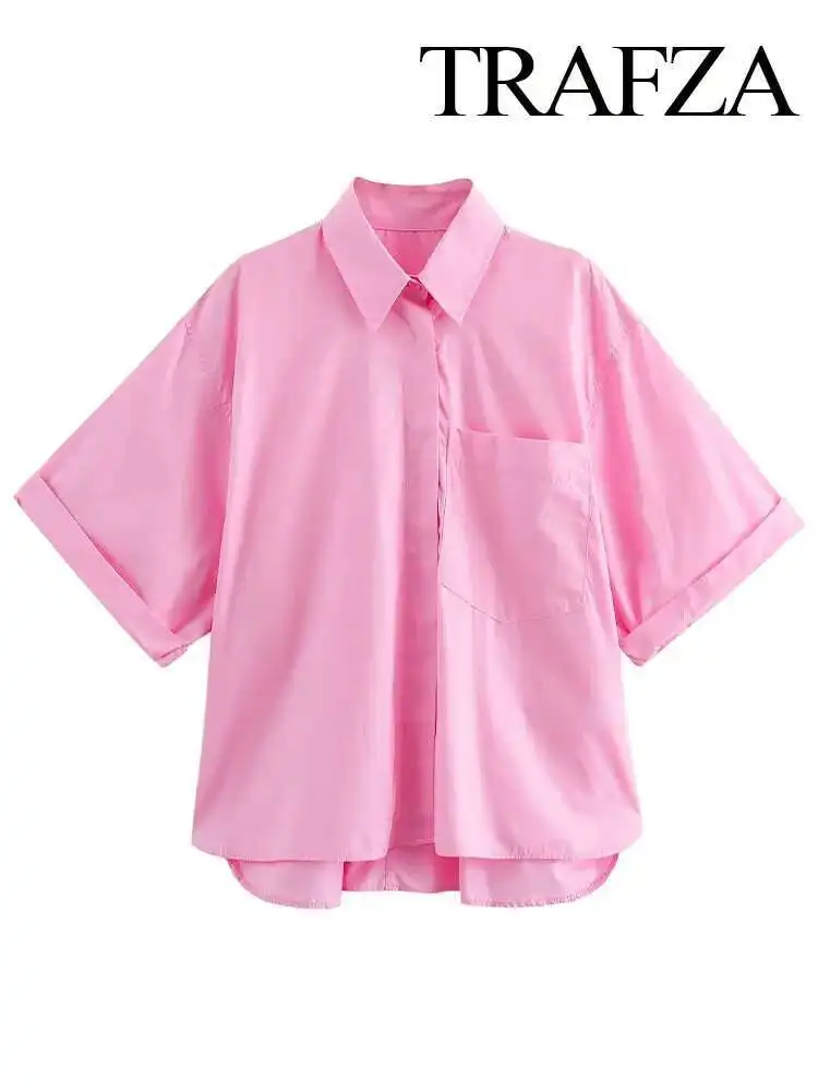 Neue Frauen Sommer Casual Kurzarm Revers Einreiher Bluse Frau Elegante Tasche Dekoration Dünnes Hemd