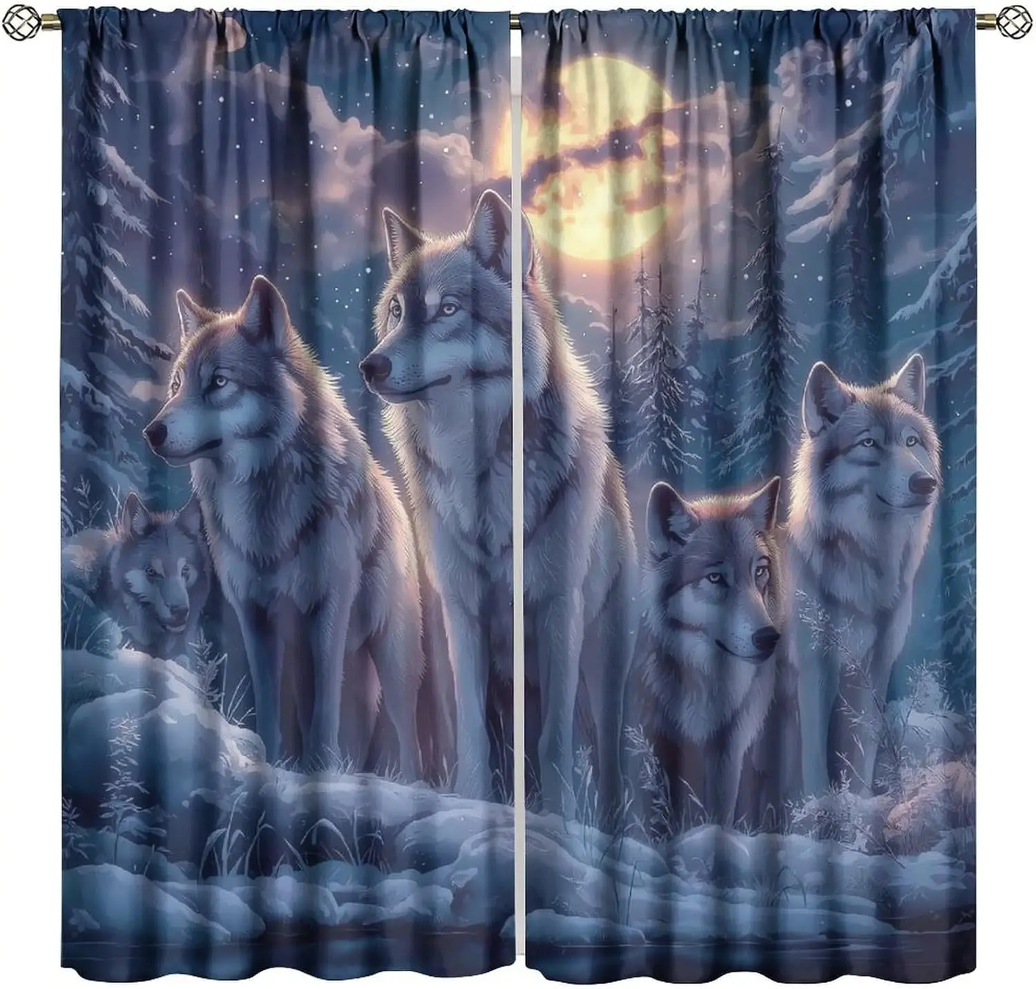 Large Wolf Pack Full Moon Night Forest Curtain Window Decoration Bohemian Nature Print Animal Wildlife Backdrop