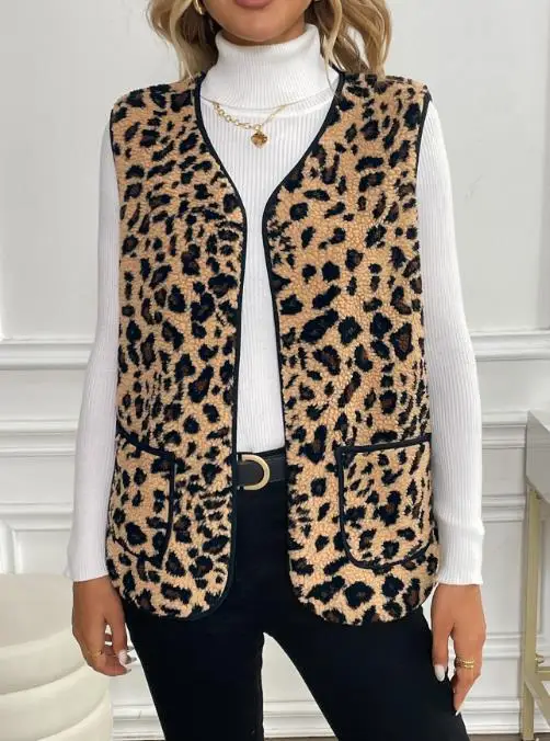 Rompi Wanita 2025 Musim Gugur dan Musim Dingin Mode Baru Motif Leopard Kerah V Tanpa Lengan Desain Saku Jaket Cardigan Kasual Atasan