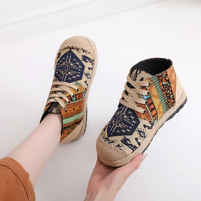 Women Casual Shoes Grass Woven  Flat Espadrilles Comfortable Bohemian Chinese Style  Lace-up Fashion Non-leather