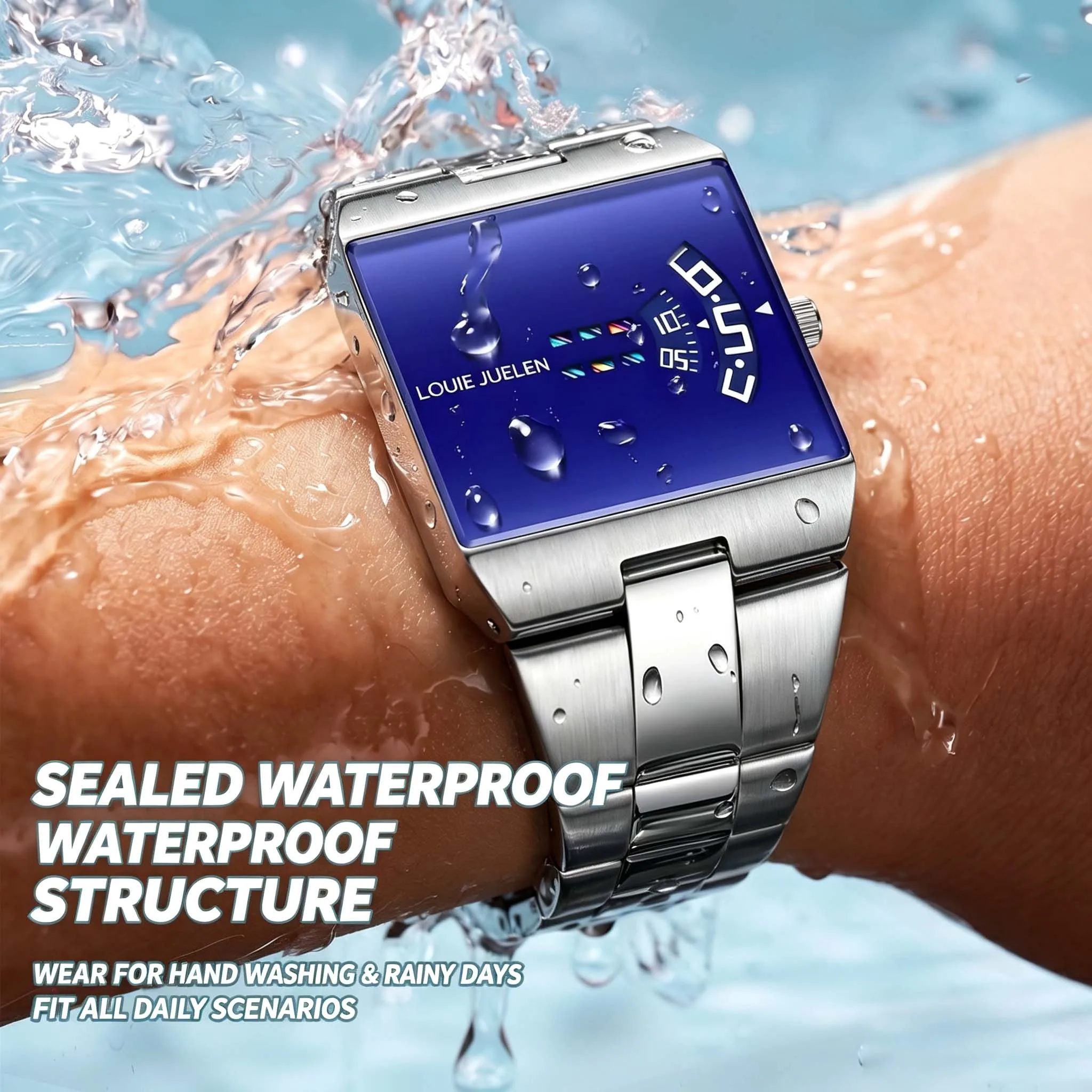 LOUIEJUELEN Rectangle Original Men Watch Waterproof Fashion Man Wristwatch Stainless Steel Quartz Sport Men's Watches+Box Reloj