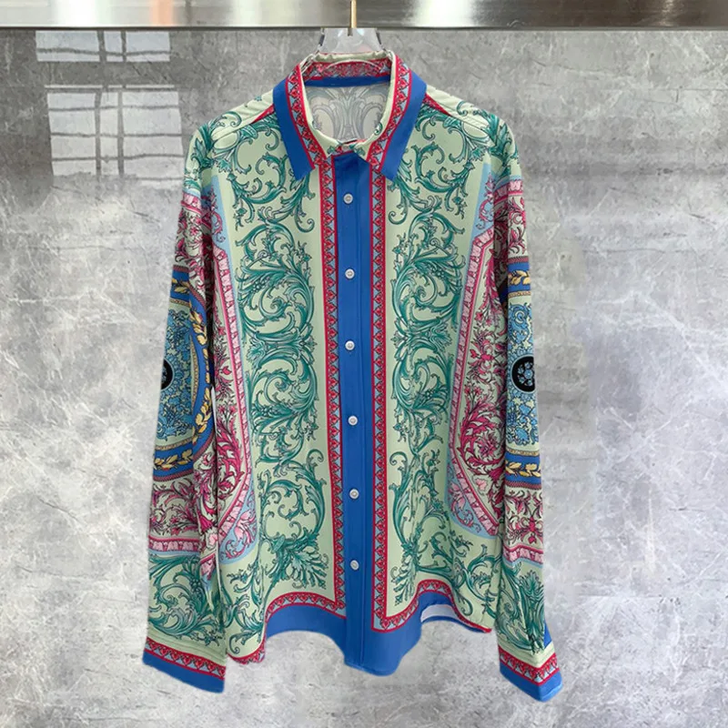 High Quality Fashion Purple Vintage Pattern Shirt Men Luxury Shirt Men  Retro Contrasting Colors Beach Party Club Shirt Royal