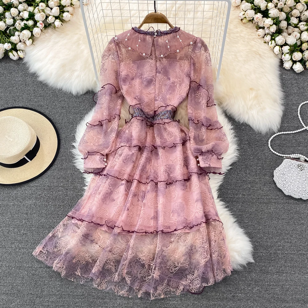 Vintage Embroidery Sexy Women's Dress Lace Party Floral Bohemian Long Sundress Flower Embroidered Boho Mesh Maxi Dresses Vestido