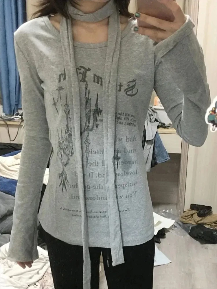 

Серая женская футболка с длинным рукавом с принтом Harajuku Y2k, облегающие базовые топы с эстетической лентой, осенняя винтажная готическая уличная одежда