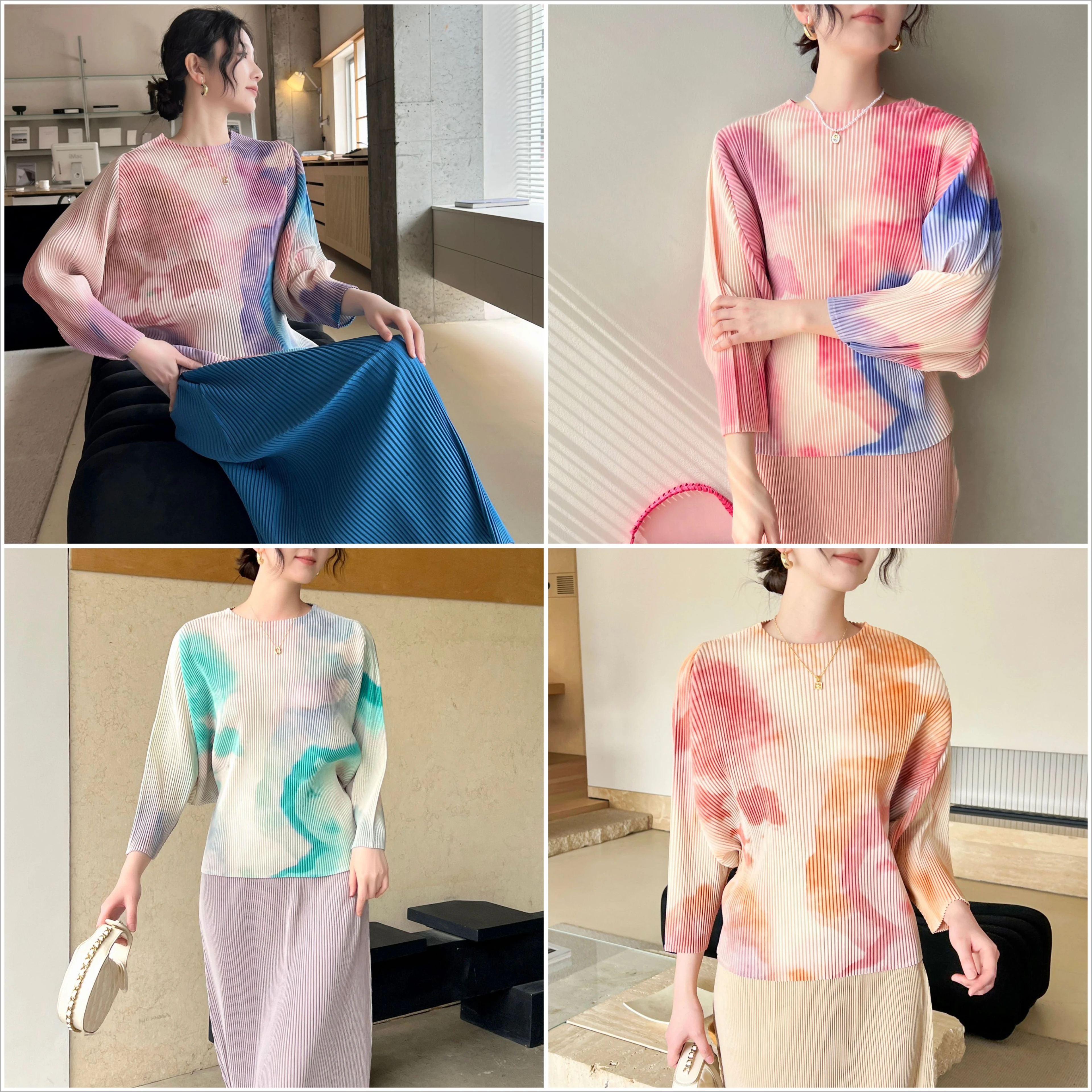 

Miyake Fold 2025 Autumn Spring New High End Fold Japanese and Korean Leisure Plisse Fashion Pleated Printed Bat Sleeve Top