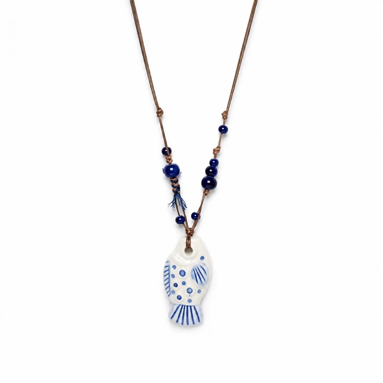 Handgefertigte Blau-Weiße Keramik-Fisch-Halskette Verstellbare Wachsschnur-Anhänger Handwerkskunst-Schmuck Geschenk S04-T-0003
