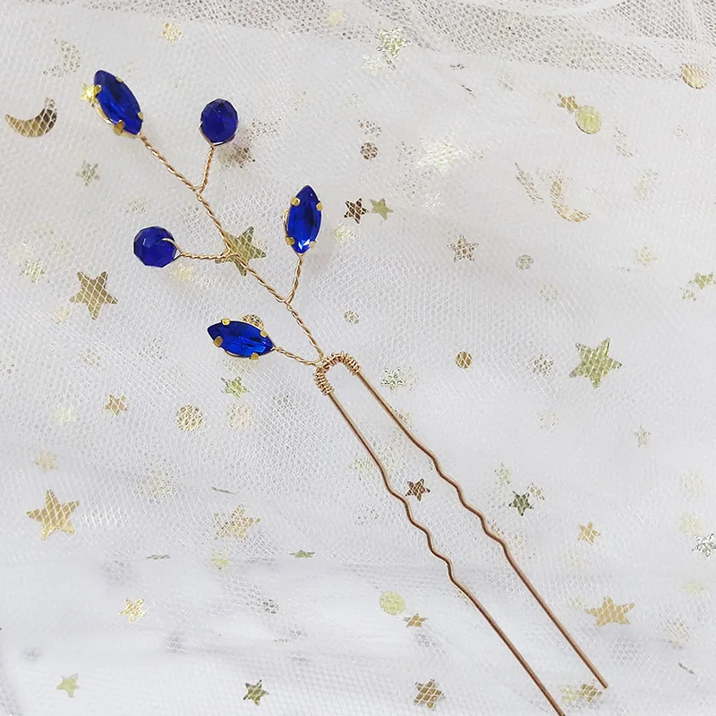 Pearl Blue Color Rhinestone Bridal Headpiece Handmade Wedding Hair Pins Party Hair Accessories for Women and Girls Tiaras