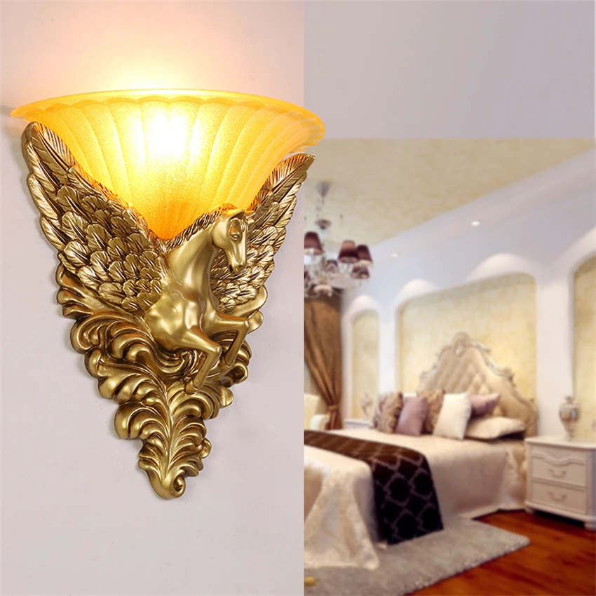 European vintage pegasus wing resin wall lamps bedroom living room decoration staircase doorway hallway bathroom sconces lights