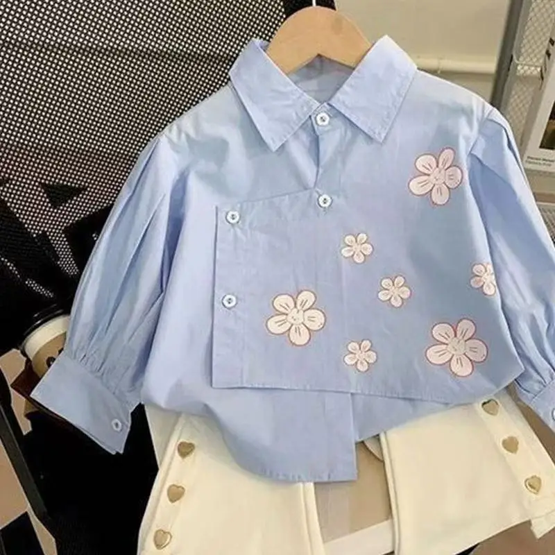 

Girl's Flower Shirt Set New Fashionable and Western Style Baby Girl Cute Casual Shirt Bellbottom Two Piece Set 90-140CM