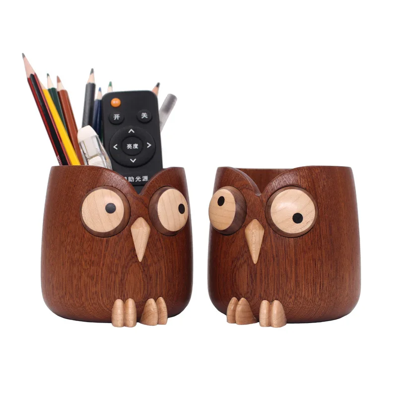 

Owl Pen Holder Wooden Pen Holder Makeup Brush Storage Bucket Desktop Ornament Desk Pen Holder Office Stationery Pencil Case