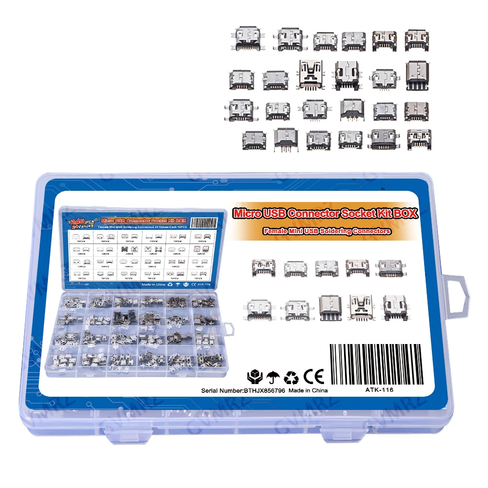 240Pcs/box Micro USB Connector Kit 24 Models Female Mini Usb Soldering Connectors Diy For MP3/4/5 Samsung SMD DIP Socket Kit
