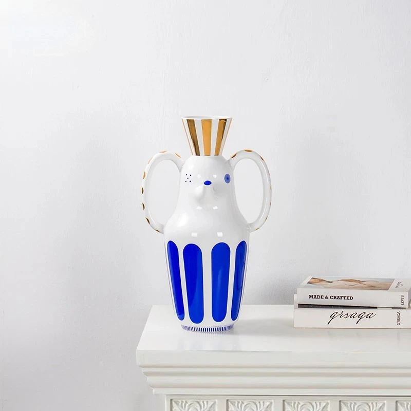 Abstract Face Double Handle Ceramic Vase, Blue Gold Desktop Ornament, Living Room Hydroponic & Dried Flower Home Craft Decor
