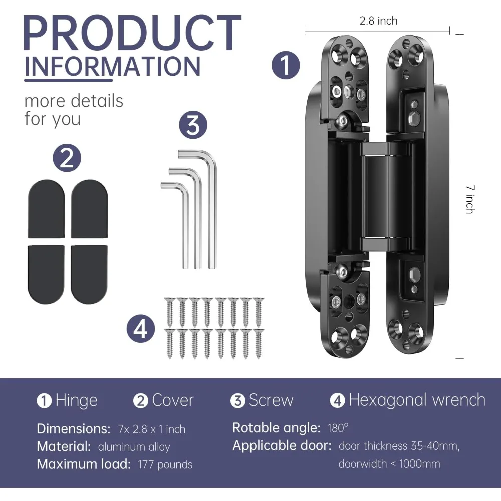 7 Inch Invisible Hinges for Door Concealment - 180 Degree Swing, 3-Way Adjustable, Zinc Alloy, Silent Operation, Long-Lasting Du