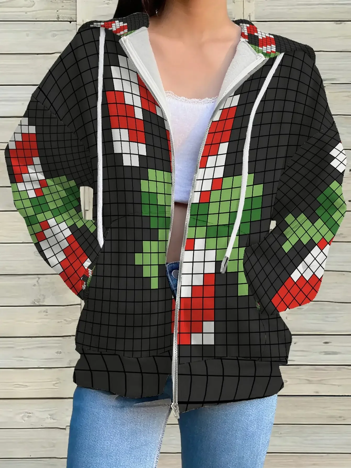 

2026 New Women's Printed Zipper Hoodie - Retro Fashion Full Zipper Hoodie with Pocket, Loose Autumn/Winter Coat.