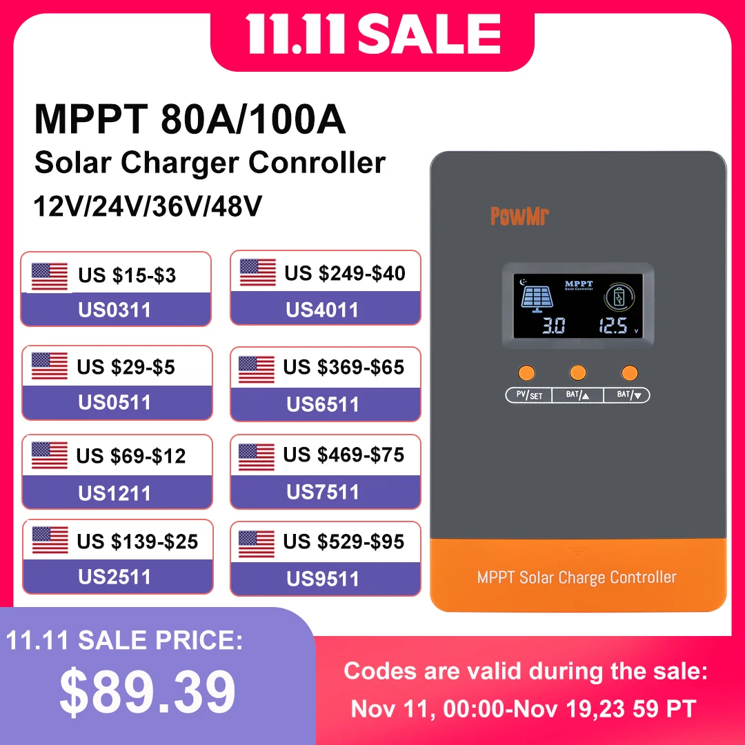PowMr 80A 100A MPPT Solar Charge Controller 12V/24V/36V/48V Auto Max Solar PV 160V Regulator Supports Up to 12 Units in Parallel