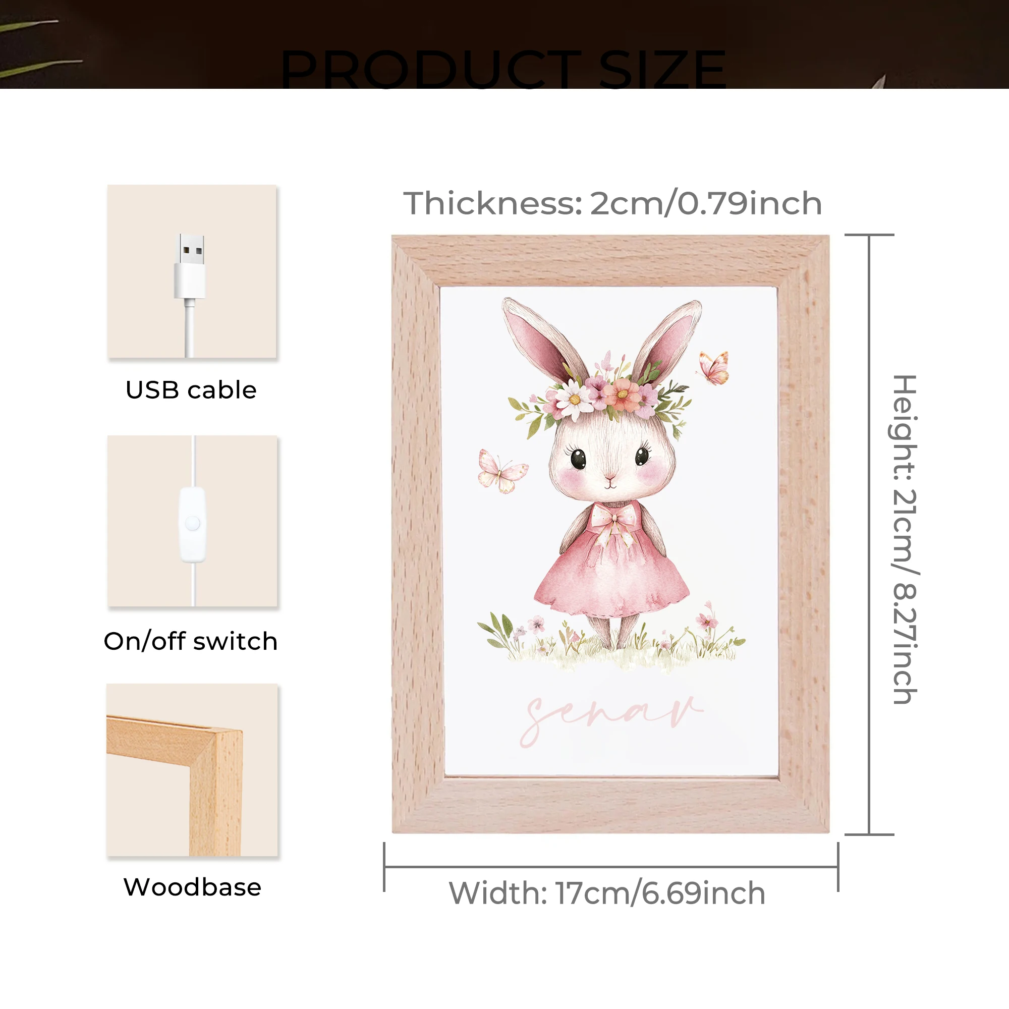Personalized Pretty Rabbit LED Night View Photo Frame Custom Gift Family Living Room Bedroom Dining Room Home Decor