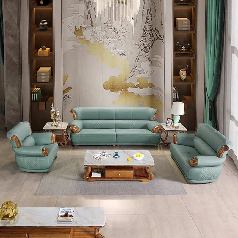 Ebony leather sofa first layer cowhide new Chinese luxury villa living room modern simple solid wood home sofa