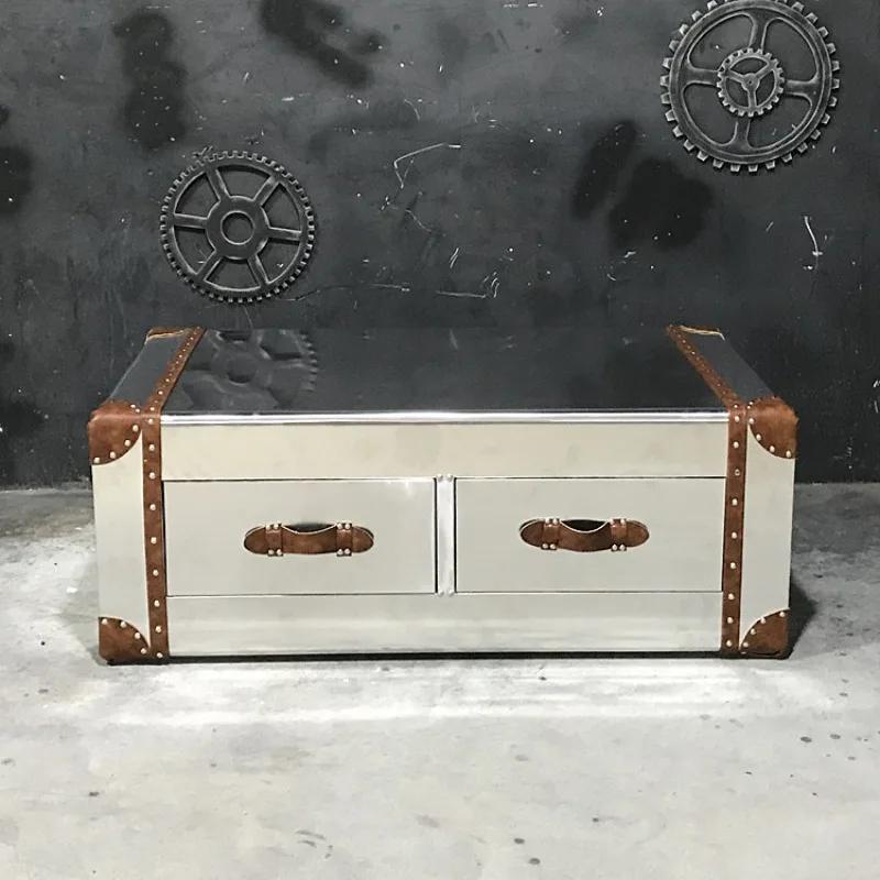

Country bar retro old tea table loft aluminum leather box rivet personalized coffee table