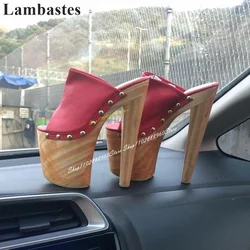 Trending Red Wood Platform Half Slippers Stilettos High Heel Shoes For Women Slip On Peep Toe 2024 Fashion Zapatos Para Mujere