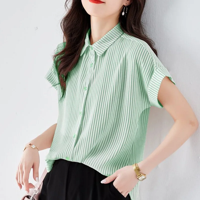 Office Lady Striped Casual Tops Turn-down Collar Ladies Simplicity Shirts Short Sleeve Blouses Summer Loose Women\'s Clothing