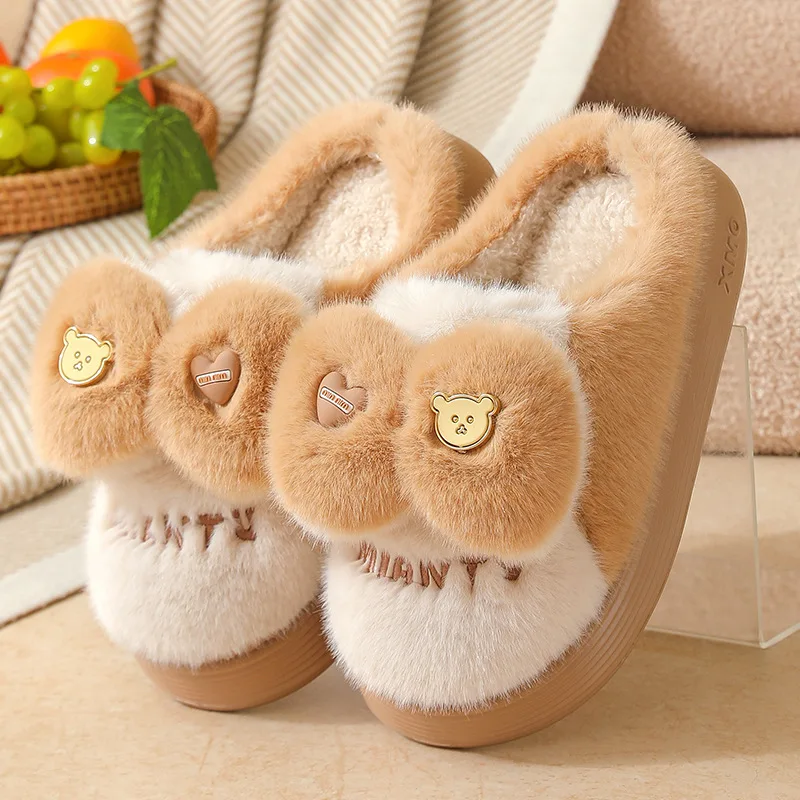 

New Fluff bowknot slippers nice mules shoes for women winter warm fuzzy home slipper woman bear floor shoes lady cloud slipper