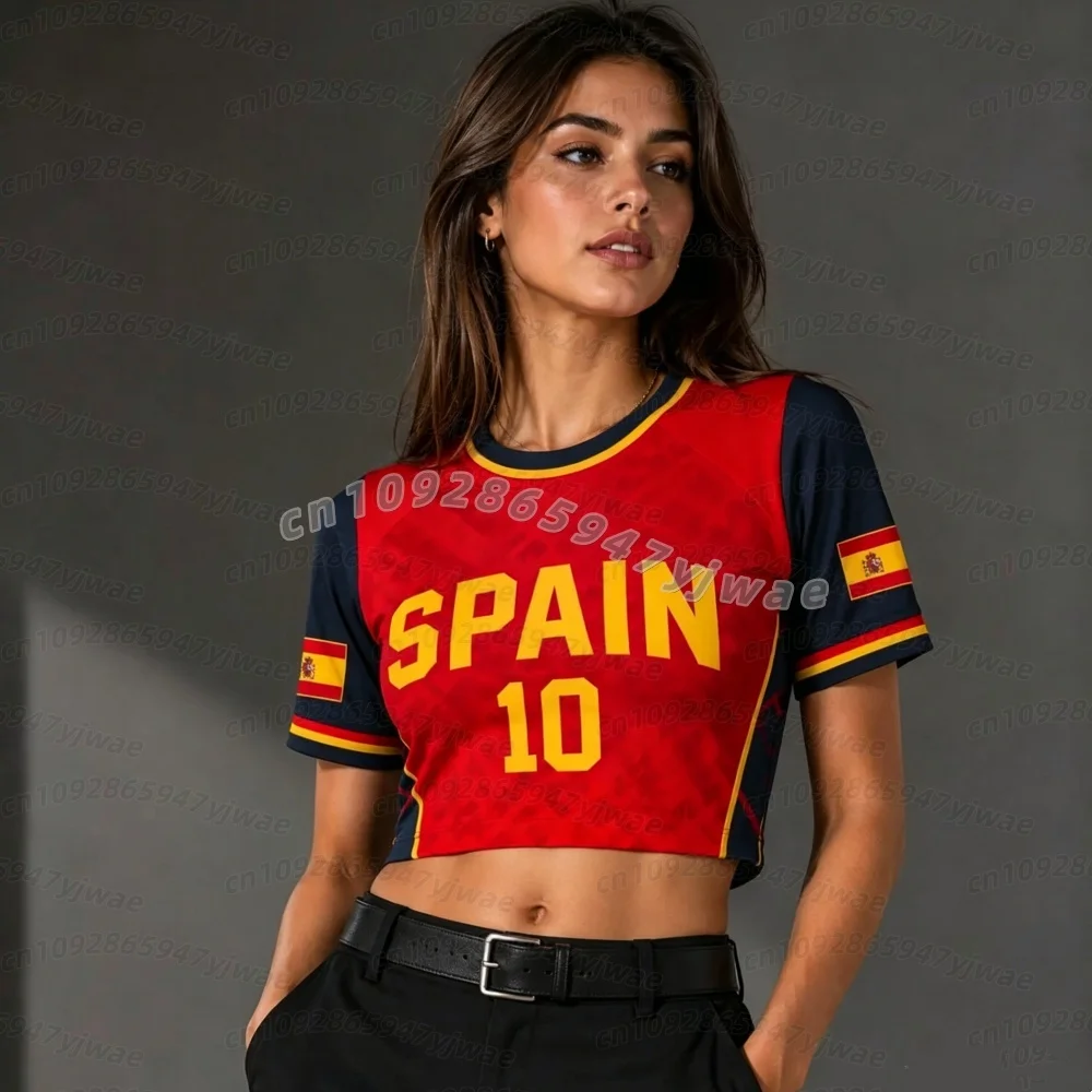 Summer 2026 New Women's Spain  NO.10 Print Football fansJ ersey O-Neck Short Sleeve Jersey Cheerleaders Crop Top kids T-shirt