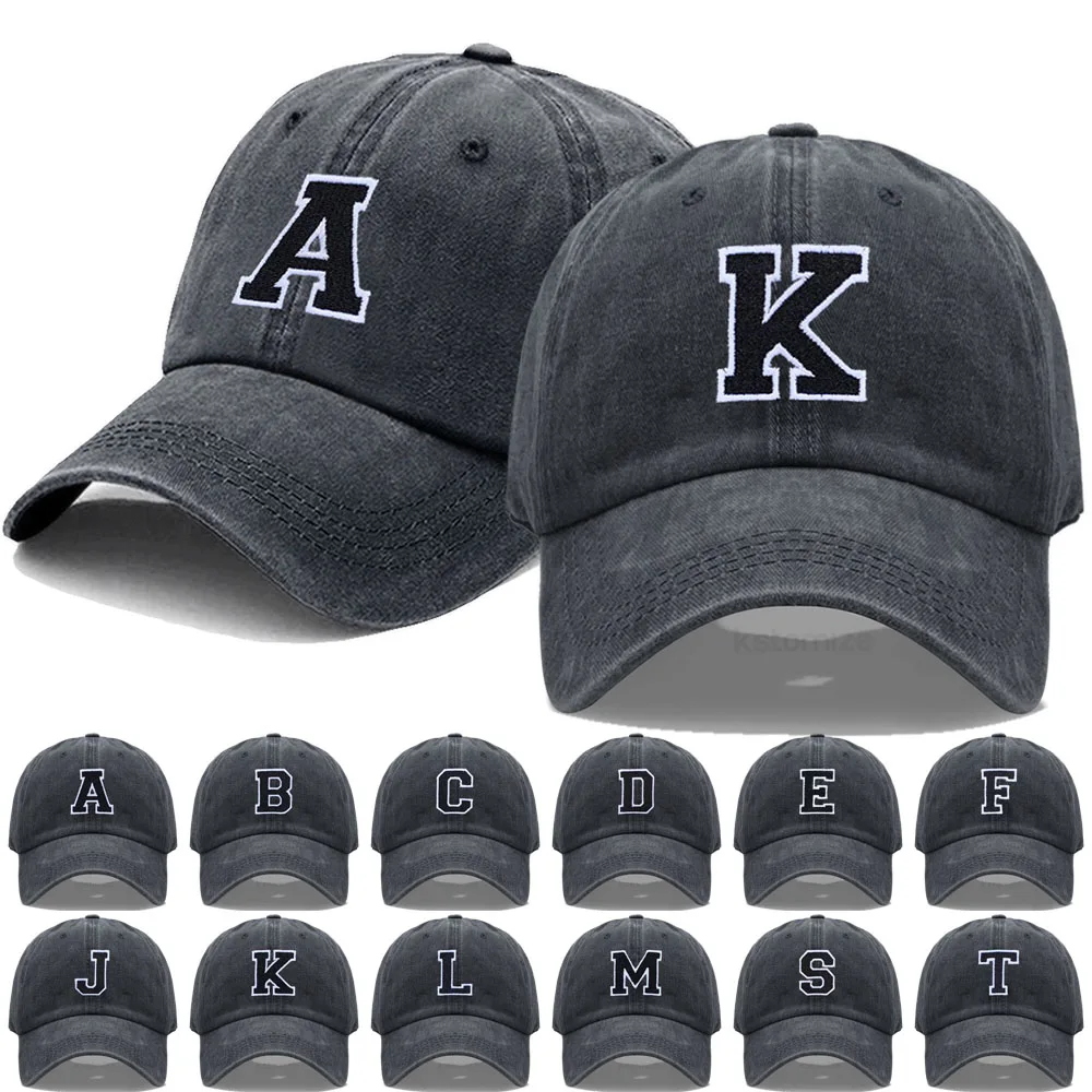 

Initial Letter A-Z Embroider Baseball Cap For Men Womne Washed Cotton Black Hat Fashion Team Sport Visors Snapback Caps