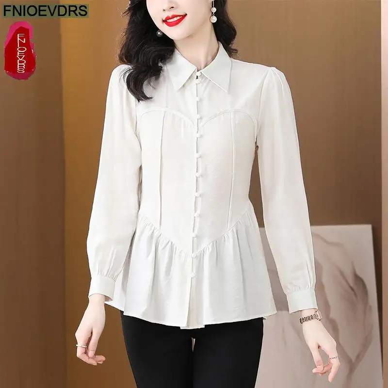 S-3XL 2023 Vrouwen Europese Stijl Kantoor Dame Werk Formele Basic Shirt Ruches Buik Tuniek Peplum Top Blouses