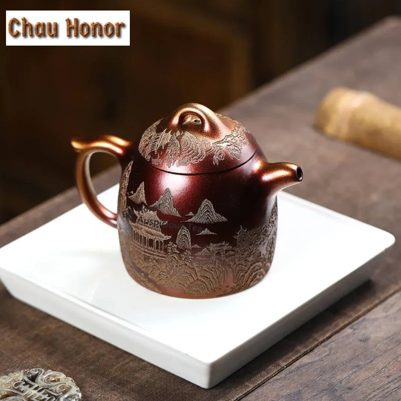 340ml Classic Yixing Purple Clay Teapots Artists Handmade Qin Quan Pot Raw Ore Shell Burning Mud Tea Making Kettle Zisha Tea Set