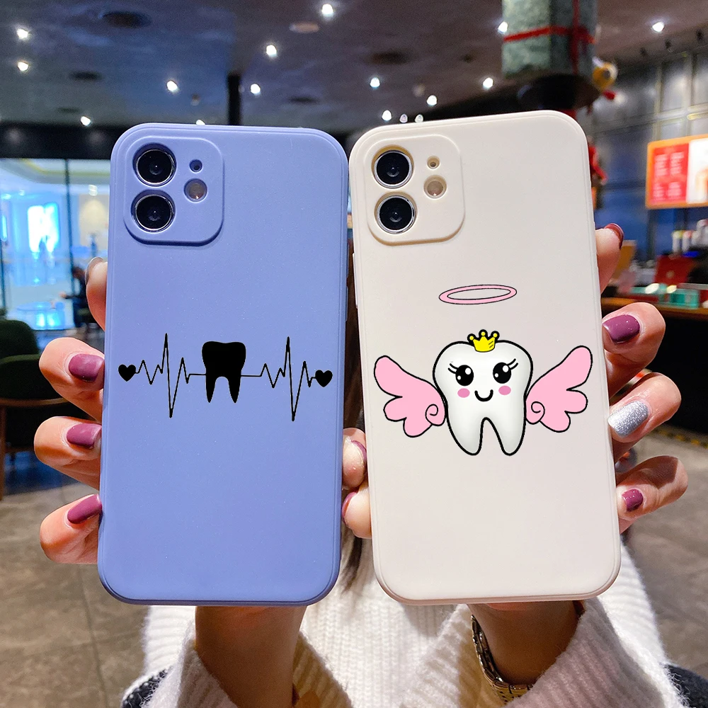 Dentist Teeth Tooth Cute Luxury Square Liquid Silicone Phone Case For iPhone 14 11 12 13 Pro Max Mini X XS XR 7 8 Plus SE2 Cover