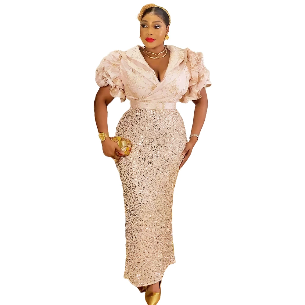 

African Luxury Sequin Dresses Plus Size Wedding Guest Gown Elegant Women Africa Clothing Birthday Graduation Anniversary Dress