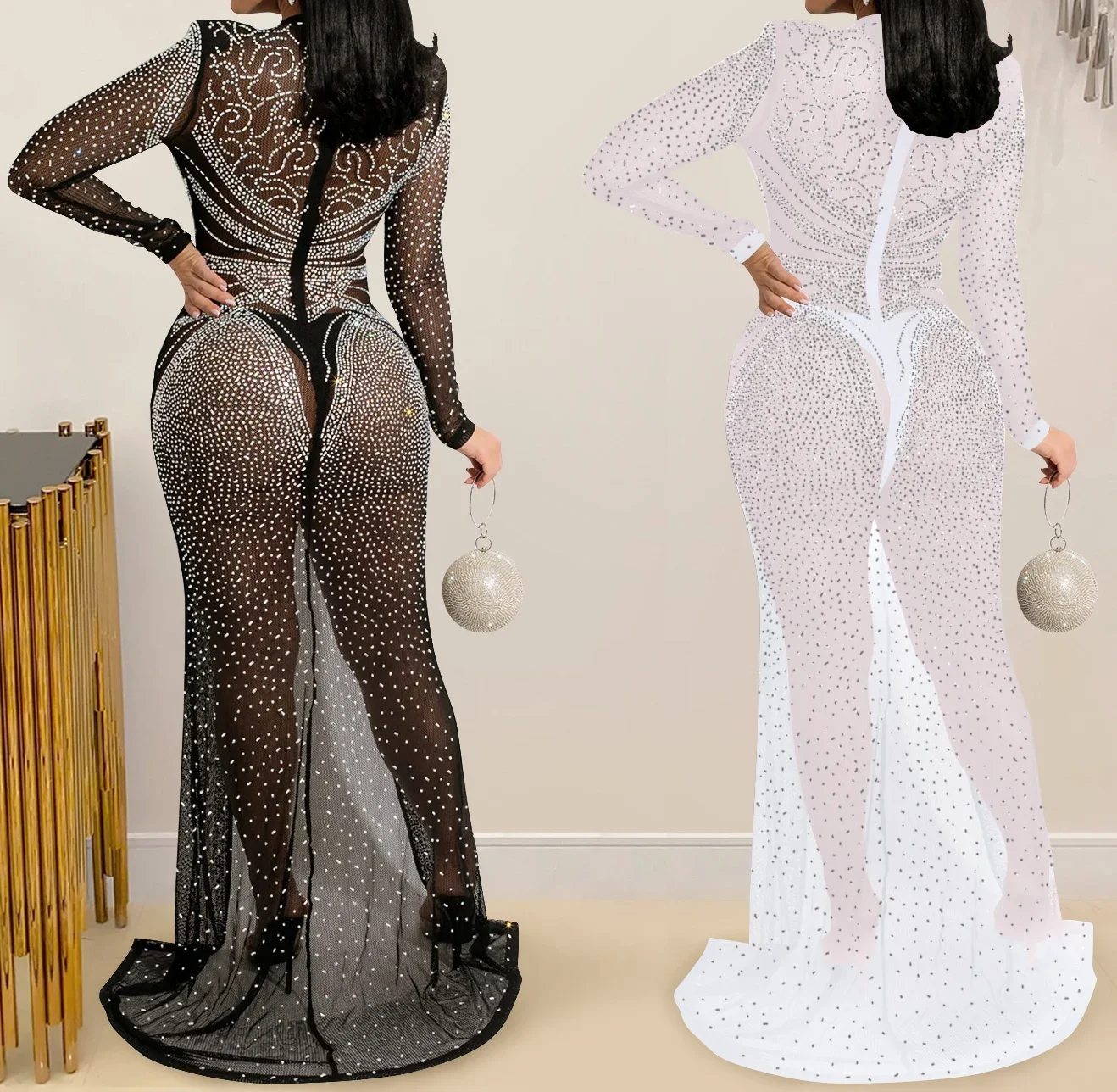 Robe de Soirée Longue Transparente en Maille et Strass pour Femme Tenue de Bal Sexy et Formelle, HXY121