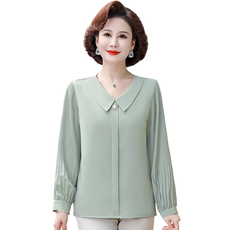 Fashion Commute Peter Pan Collar Blouse Spring Solid Color Korean Chic Chiffon Wrinkled long sleeves Shirt Female Clothing