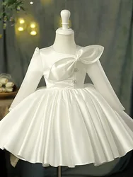 Luxurious Satin Girl Party Dress Big Bow Kids White Christening Elegant Dresses for Bridesmaid Wedding Princess Birthday Gown 5T