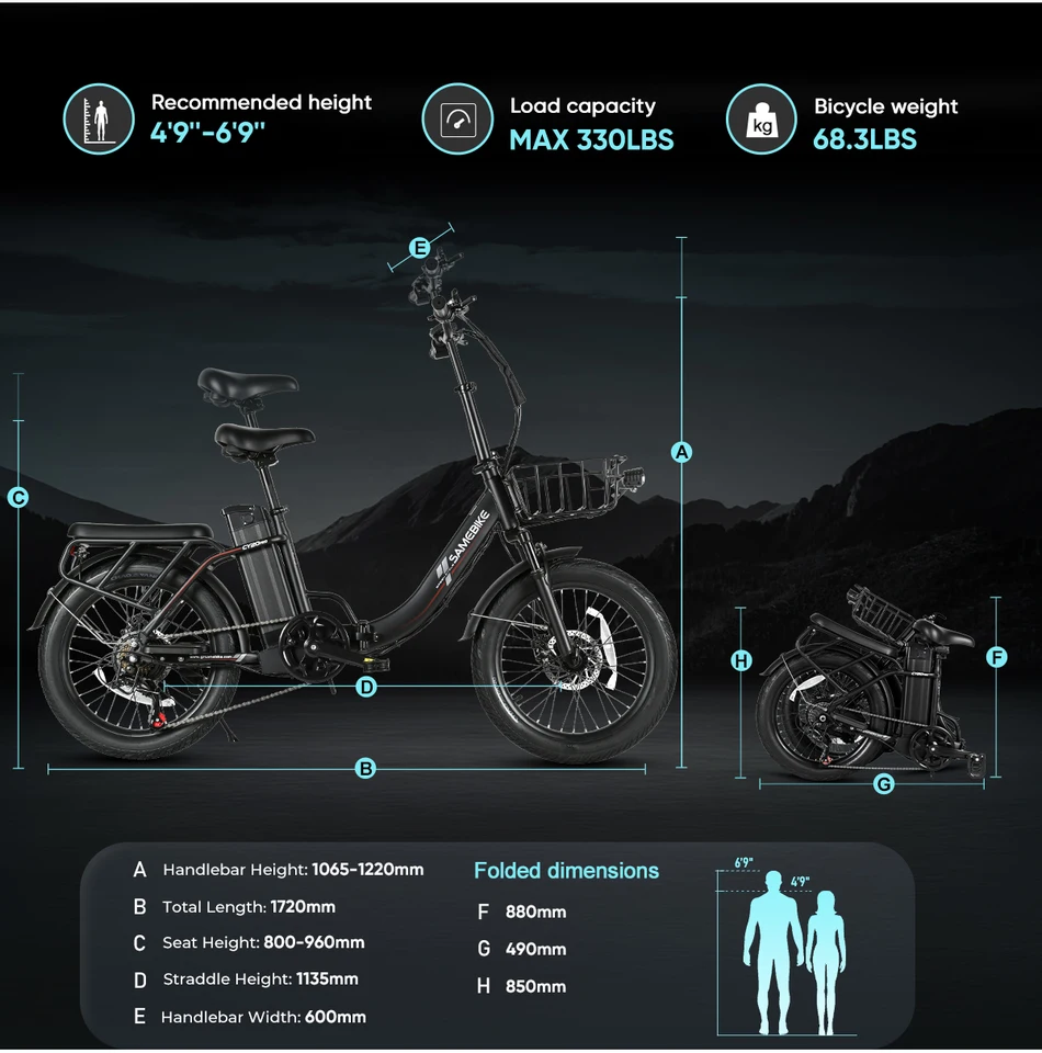 E Bike SAMEBIKE CY20Pro 500W Motor 48V13AH Removable Lithium Battery 22MPH Max Speed 20"×3.0" Fat Tire Foldable Adult E-Bike with Dual Suspension  7-Speed Disc Brakes APP Control LCD Display for Commuting RV Camping Electric Bike image 10