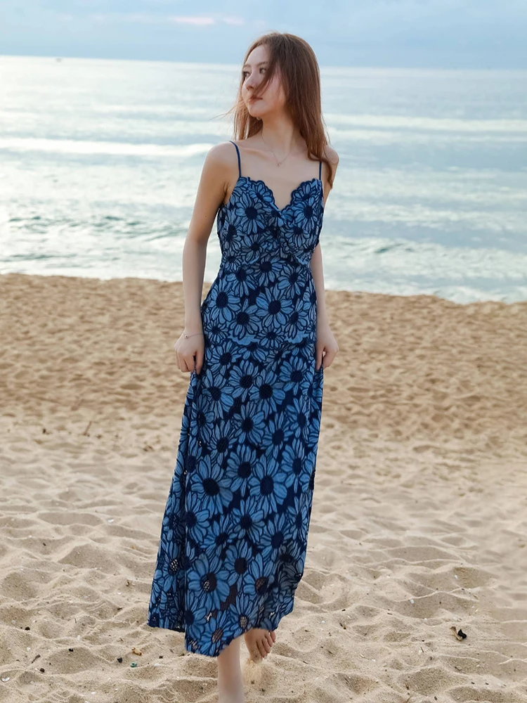 

Jastie Blue Embroidered Floral Dress Platycodon French Seaside Resort Style Waist Slim Long Dresses Women Vestidos 2023 Summer