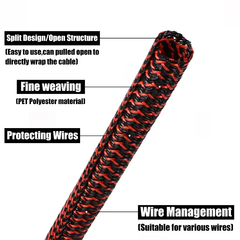 3/5/10m PET Cable Sleeve Self-Closed 3mm-50mm Flexible Wear Resistant Braid Insulated Split USB Cable Management Protect Sheath