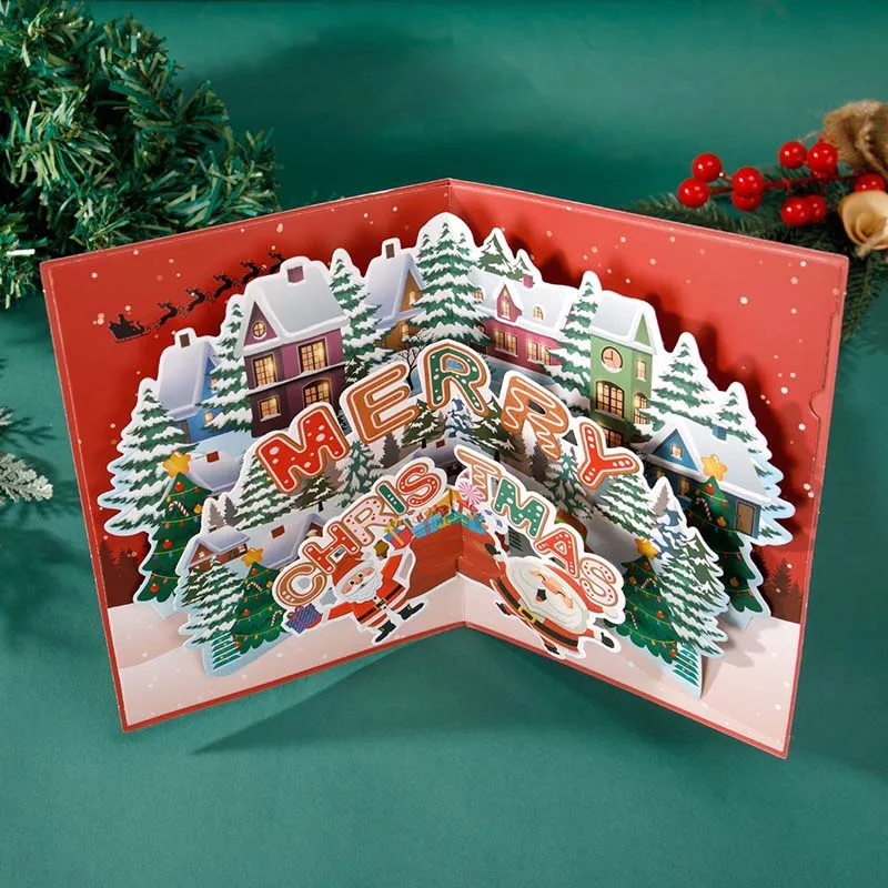 Christmas Greeting Card 3D Xmas Village Santa Penguin Foldable Holiday Postcard with Envelope Christmas Invitation Card Gift