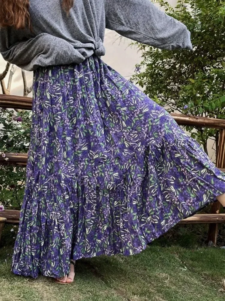 Fashion Vintage Floral Skirt for Women 2025 Summer New High Waist A-line Skirts Y2k E-Girl Mid-length Loose Faldas Mujer
