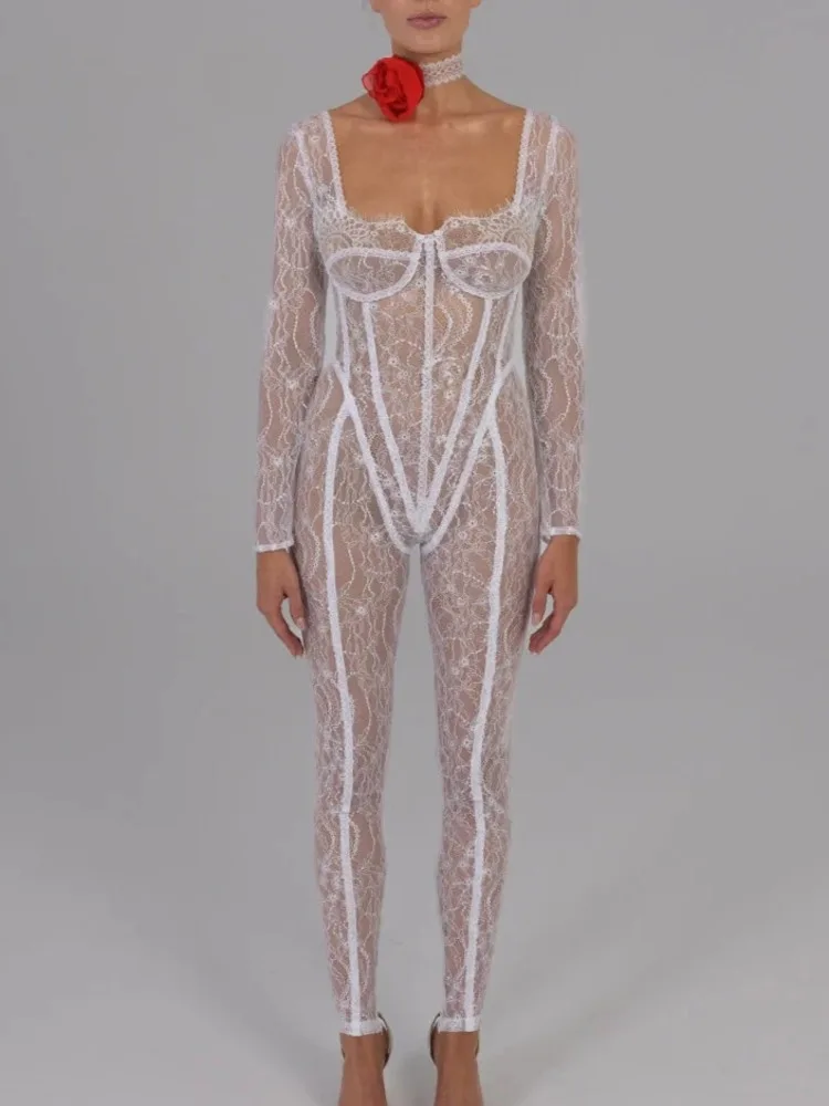 JULISSA MO Square-Neck Long Sleeve Lace See Through Sexy Jumpsuits One Piece Bodycon 2023 Autumn Rompers Club Party Outfits