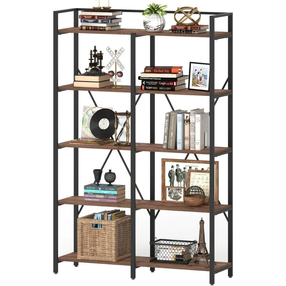 Tall Wood Metal Shelving Unit for Living Room Shelf 5 Tier Heavy Duty Open Bookcase Farmhouse Large Book Shelves Bedroom Home